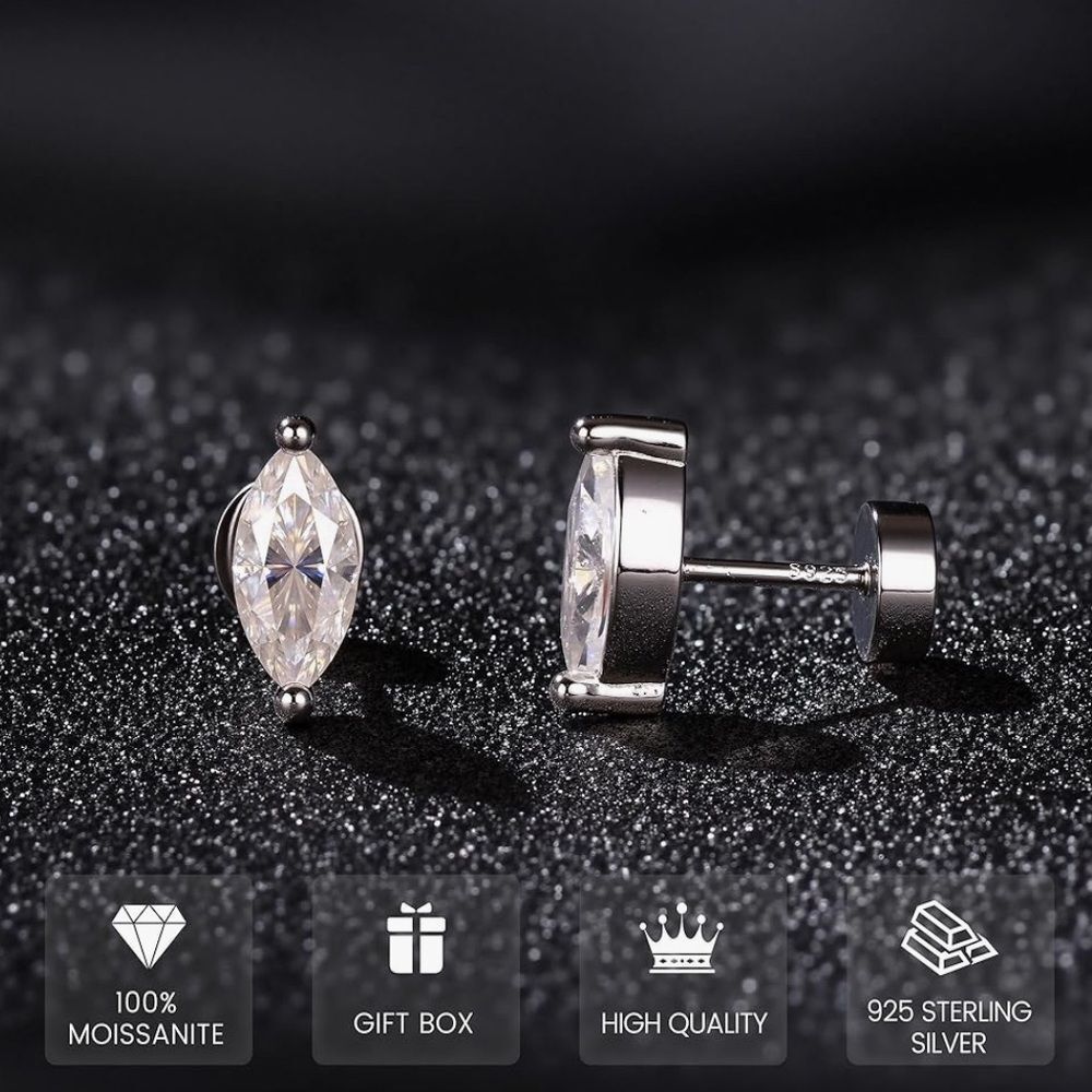 Marquise Moissanite Stud Earrings 14K White Gold Plated 925 Silver VVS1 8x4mm